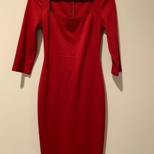 VfEmage Red Square-Neck Long Sleeve Midi Dress